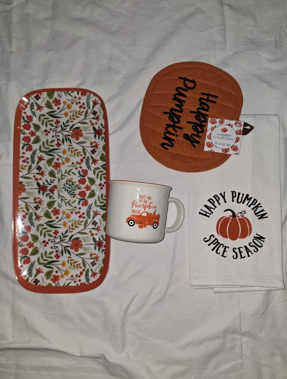 4pc Happy Pumpkin Orange Autumn Kitchen Set - Mug, Potholder & Towel